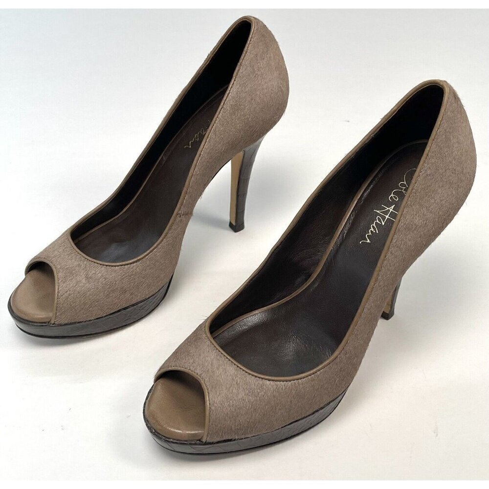 COLE HAAN NikeAir Womens US 7B Taupe Calf Hair 4.5" Peep Toe HEELS D35051 EUC